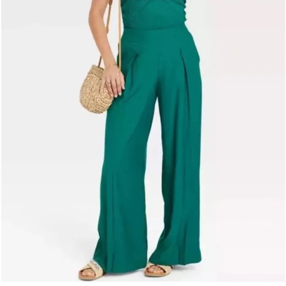 High waisted flat front wide leg Kelly emerald green dress pants - Picture 2 of 14